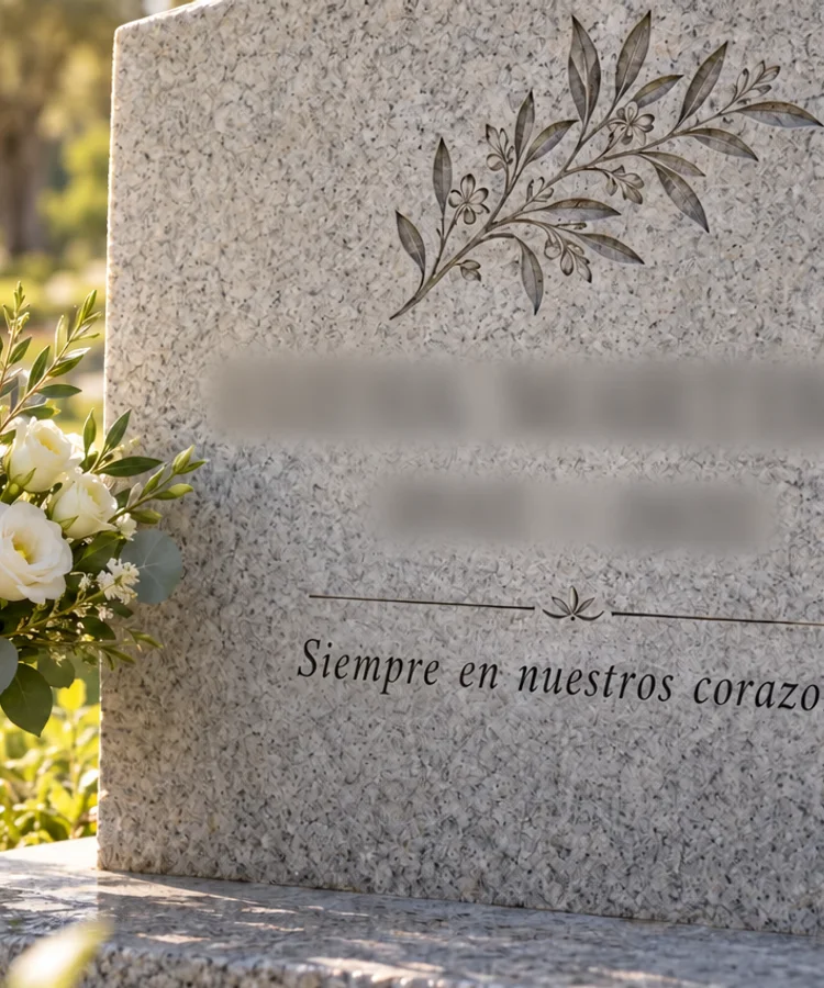 A close view of white flowers and the texture of a granite memorial