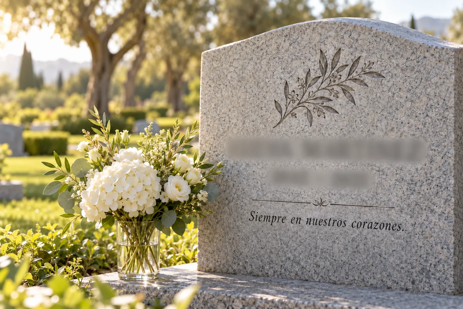 White flowers beside a fictional granite memorial in warm Southern California light