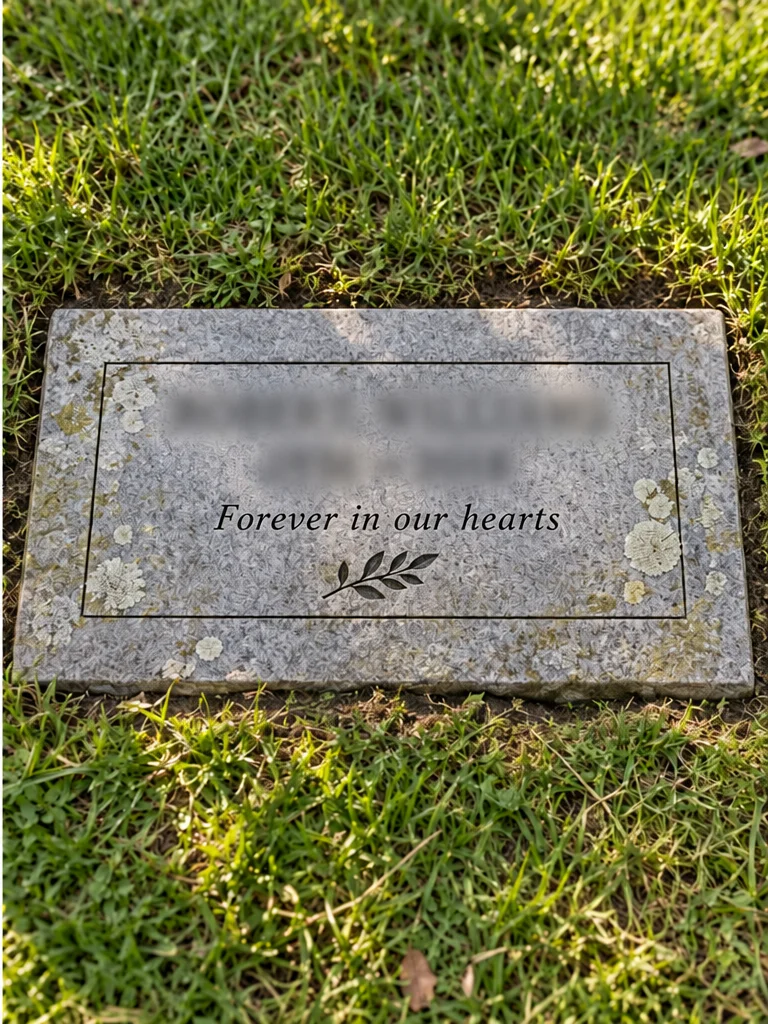 Illustrative granite memorial with identifying details blurred, before and after gentle cleaning — after