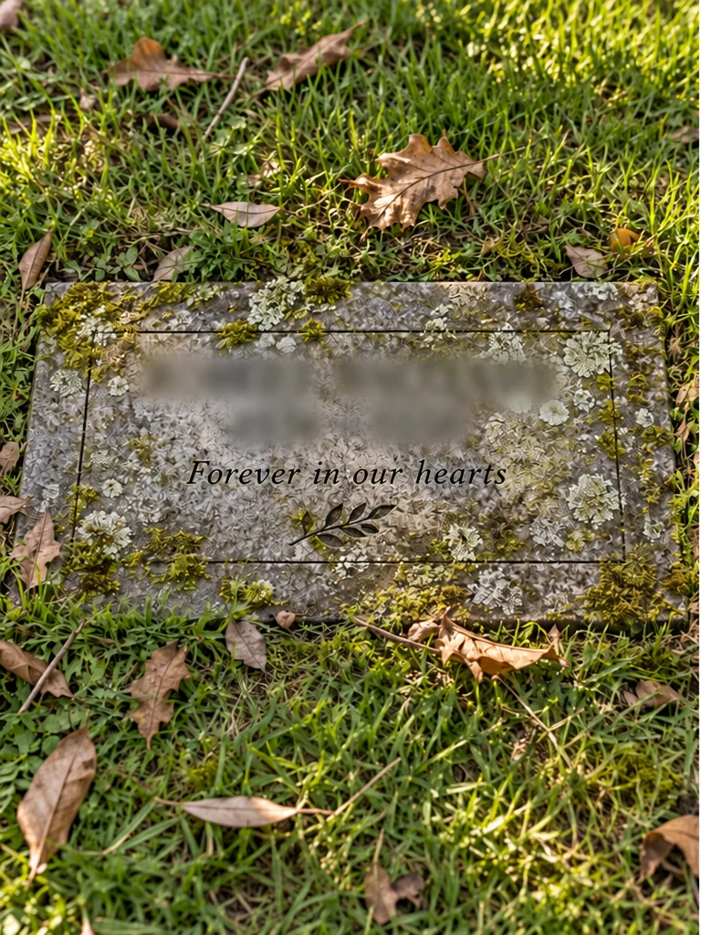 Illustrative granite memorial with identifying details blurred, before and after gentle cleaning — before
